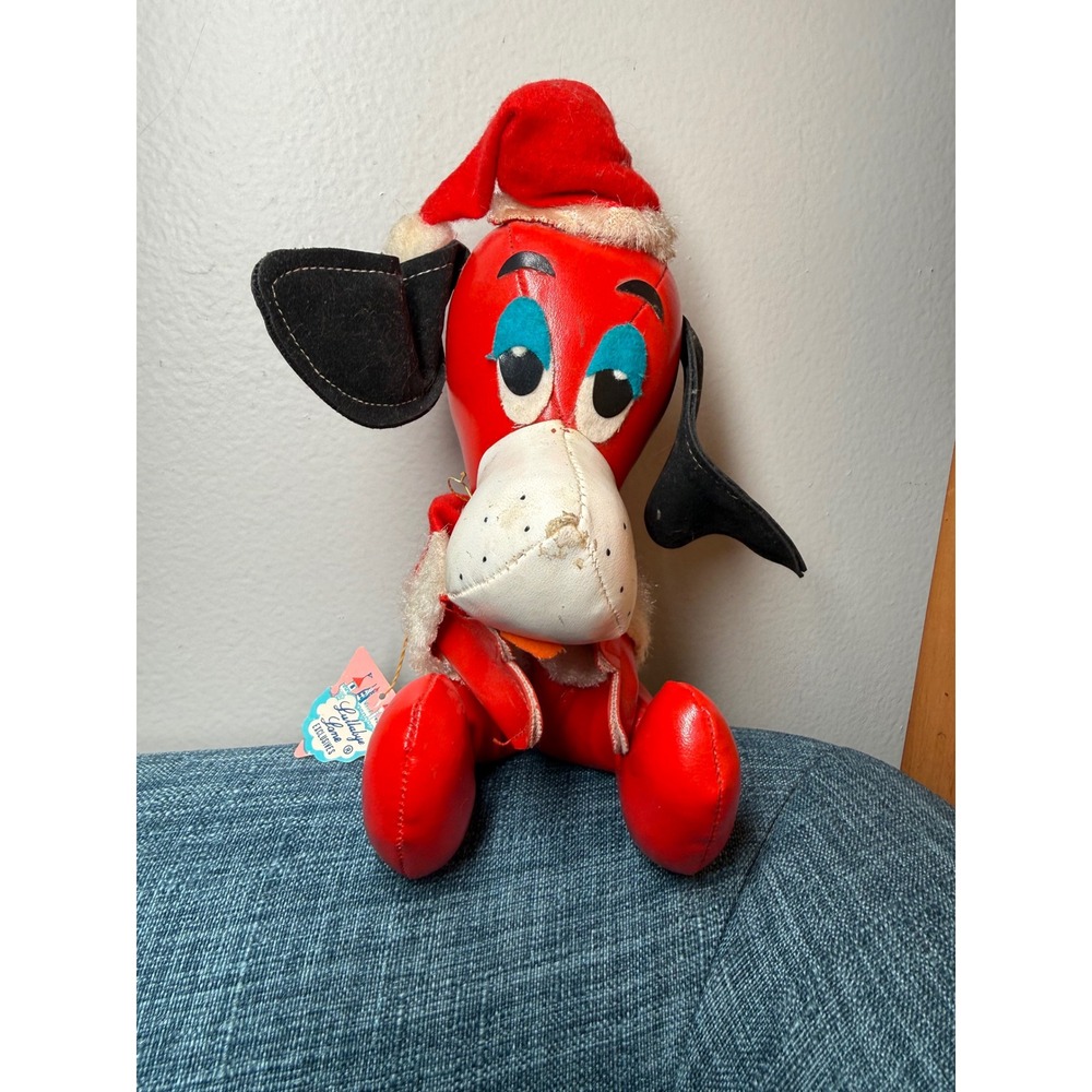Vintage 1966 Lullabye Lane Santas Hound Red Vinyl Christmas Dog Plush Japan Tag